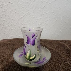 Hand-Painted Purple Floral Glass Mini Vase And Plate